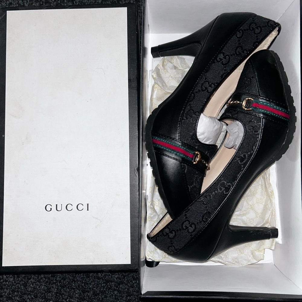 Gucci Black GG Canvas and Leather Mid-Heel Mary Jane Pumps with Green-Red Web